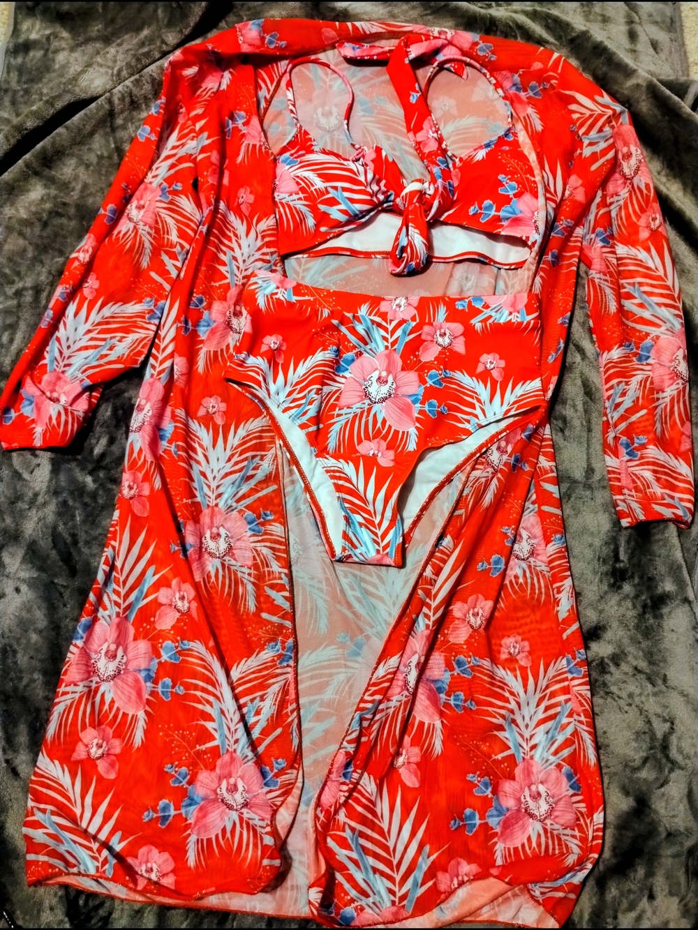 Red Tropical Floral Bikini Set with Cover-Up❤️🌷🌹